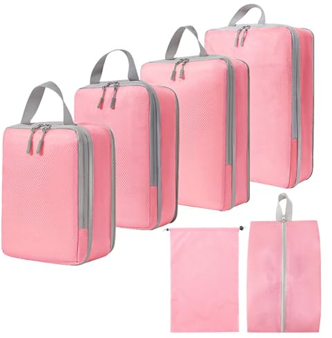 6er-Pack Koffer-Organizer-Set Wasserdichte Kleidertasche Schuhsack Leichte Packwürfel, Rosa