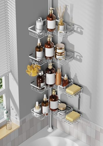 Shower Caddy Corner for Bathroom, Tension Pole, Adjustable 25in-114in Floor to Ceiling, Standing Shower Tension Rod Organizer, 4 Tier Storage Shelves with 2 Soap Holders/Hanging or Adhesive, Silver