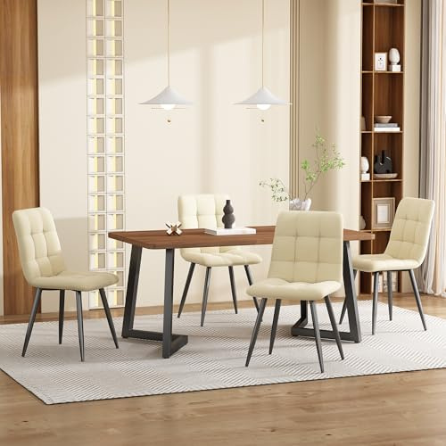 LINKHOO Ensemble de Salle à Manger, avec 4 chaises, Table en Bois avec Pieds métalliques Noirs, Plateau en MDF Couleur Noyer, Chair en Velours Gris foncé