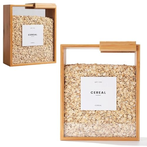 EUUEKathy Bamboo Kitchen Cereal Containers, Bamboo Rice Dispenser with Removable Lids,Kitchen Organizers and Storage, Clear Kicthen Storage Can for Cereal, Flour, Pasta,Snack, Rice