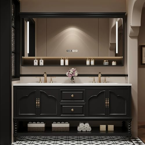 180cm Bathroom Vanity Set with Double Sinks, Mirror Cabinet, Black Storage Drawers, Modern Bathroom Furniture, Stylish Washbasin Unit for Home Decor