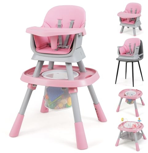 GOPLUS Trona Convertible para Niños 16 en 1, Set de Estudio con Mesa Doble, Bandeja Extraíble, Cesta y Cinturón de Seguridad, Centro de Actividades Ajustable con 3 Juguetes (Rosa + Gris)