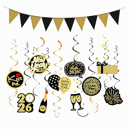 duoyif Wimpelkette Hängende Deko Schwarz Golden, Luftschlangen Banner Deko 2026 Neujahr, Deko Wimpelkette Innen, Banner für Silvesterparty, Neujahr, 11 Stück (Schwarz Gold)