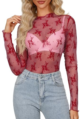 Homlan Sexig nättopp för kvinnor, sheer mesh, långärmad spets, transparent polokrage, topp, blommönster, blus, klubbkläder, röd, L
