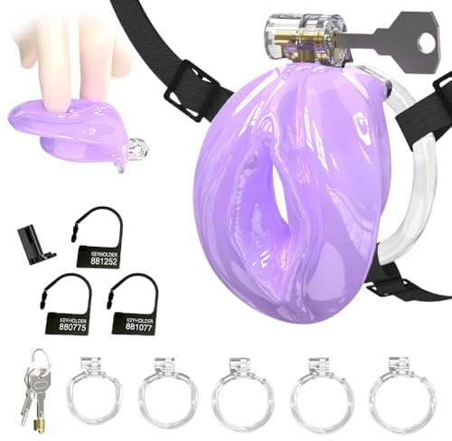 NAIXBTY Silikon Peniskäfig Gefälscht Frauen Vagina Keuschheitskafig Herren mit 5 Cockring Set Realistischer Schamlippen Sissy-Chastity Cage Extreme Bondage Sex Spielzeug für Männer und Homosex (Lila)