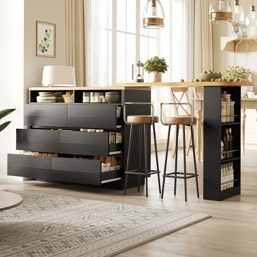 A ALFRESCOOL Mesa De Bar Extensible Con Espacio De Almacenamiento, Mesa Alta Con Isla De Cocina Móvil Con Seis Cajones Para Cocina, Sala De Estar, Comedor, 137-215 X 39 X 102.3 Cm, Color Negro
