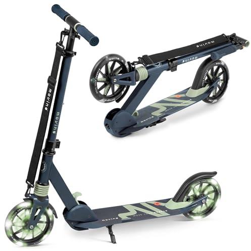 Movino Patinete para Niños Adultos y Adolescentes hasta 100 kg - Scooter Plegable Urbano - Ruedas LED Grandes 180 mm - Manillar Ajustable - City Light Petrol Blue Olive
