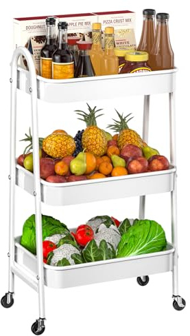 Homshsjhkis Carrito Auxiliar con Ruedas, Carro Cocina Metálica 3 Niveles, Verdulero Cocina con Ruedas Bloqueables, Móvil Multifuncional Carro Organizador para Baño, Cocina, Salón, Lavandería, Blanco