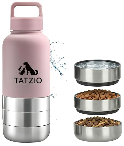TATZIO Reiseflasche 4-in-1 für Hunde & Katzen – Wasserflasche & Reisenapf aus Edelstahl, isoliert, auslaufsicher, 3 Zusatzbehälter Unterwegs Pink 1000ml