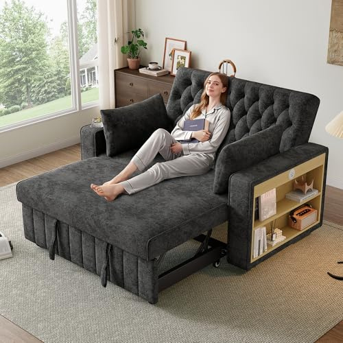Sofa mit Schlaffunktion, Schlafsofa 2-Sitzer klappbares 3-in-1 Schlafcouch mit verstellbarer Rückenlehne, USB-Ladeanschluss, Getränkehalter und Stauraum, aus Chenille-Stoff, Grau 140 x 137 x 84 cm