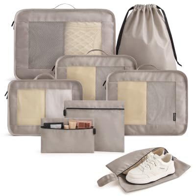 Light Flight 8-teilig Packwürfel Koffer Organizer Set Packing Cubes Reise | 8 Tasche für Kleidung Schuhe Kosmetika Toilette Zubehör, Leicht Travel Essentials Kofferorganizer für Backpack Rucksack