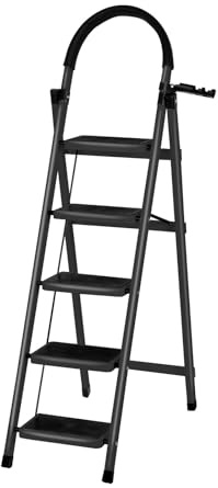 Échelle de Bricolage Compacte pour Maison et Jardin -Escabeau Pliable - Marche Pied Antidérapant et Stable avec Poignée en Acier Robuste - Charge 160 Kg，(B) 152 x 87 x 39 cm – 5 étapes (Noir)