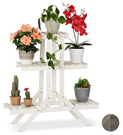 Relaxdays Blumentreppe aus Holz, 3 Stufen mit 5 Ablagen, Shabby Chic, innen, HBT: 83 x 83 x 28 cm, Blumenregal, weiß