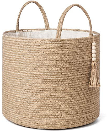 Mkono Woven Storage Basket Decorative Natural Rope Basket Wooden Bead Decoration for Blankets,Toys,Clothes,Shoes,Plant Organizer Bin with Handles Living Room Home Decor, Jute, 16 W × 13.8L