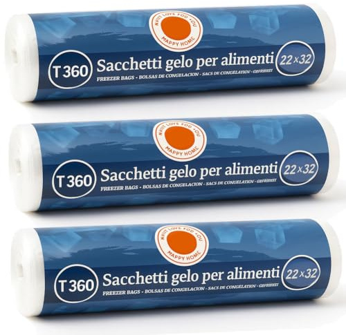 BAKAJI Set 3 Rotoli Sacchetti Freezer per Alimenti in Plastica 1080 sacchi (3 x 360) Congelare e Conservare Cibo da Congelatore e Frigo in Plastica Salva Freschezza Super Resistenti (22 x 32 cm)