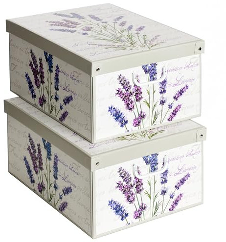 Lavatelli Set 2 pezzi, Scatole armadio in cartone, con coperchio profumato, organizer per vestiti e biancheria, per cambio stagione, Lavanda, 49x40xh24 cm