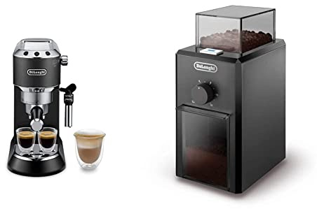 DELONGHI Dedica Style, Machine expresso pour préparer des boissons café et lactées, Noir & Moulin à Café Electrique, Broyeur pour Grains de Café avec Réservoir d'une Capacité de 120 g, 110 W, Noir