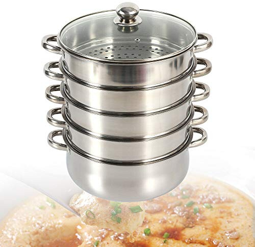 Esyogen Edelstahl Küchengerät Dampfgarer Gardampftopf Dampfkocher 4 Dampfgarbehälter,mit Glasdeckel (28cm)