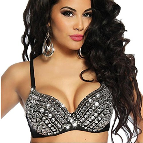 Baomabao Damen Punk Lady Goth Silber Nieten BH, schwarz / weiß, small
