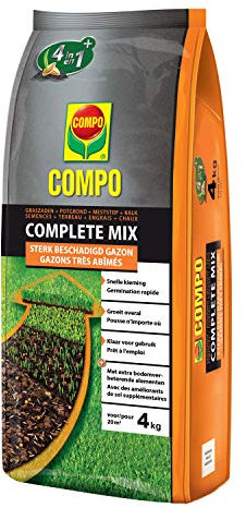 COMPO Complete Mix, bij een sterk beschadigd rasen, bestaat uit graszaden, potgrond, meststof en kalk, snelle kieming, groeit overal, voor 20m², 4kg