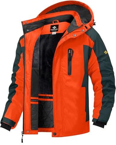 GEMYSE Herren Skijacke Winddicht Wasserdicht Warmes Fleecefutter Winterjacke mit Kapuze für Outdoor(Orange Grau 08,XL)
