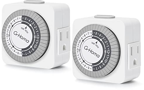 G-Homa Timers for Electrical Outlets, 24 Hour Indoor Plug-in Mechanical Timer Mini, 30 Minute Intervals, 3-Prong, Daily On/Off Cycle, for Lights, Lamps (2-Pack,ETL Listed) White