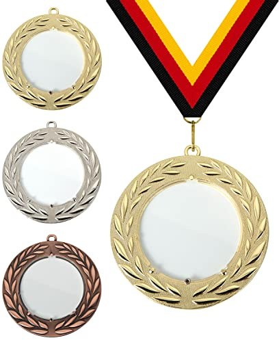 Pokalmatador XXL Medaille Ø 90 mm, mit Acrylglaseinlage, mit individuellem Wunschtext in Gold, Silber & Bronze Farbe | 50mm Alu-Emblem + Medaillenband | Für Fußball, Schwimmen, Kindergeburtstage etc.