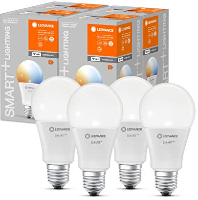 LEDVANCE Lampada LED intelligente con tecnologia WiFi, attacco E27, dimmerabile, colore della luce variabile(2700-6500K), sostituisce le lampade a incandescenza con 100W,SMART+ Classic,confezione da 4