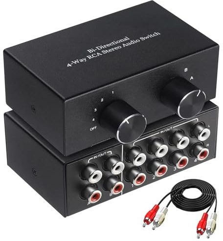 UNSTINCER Cinch Audio Switch Analog Stereo 4(2)-In-2(4)-Out, Metallgehäuse | Passive RCA L/R Umschalter, Chinch Schalter für Phono Plattenspieler Lautsprecher Verstärker DVD CD, Line Sound Selector Box