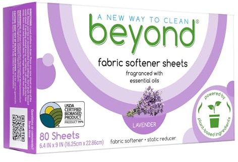 Beyond Fabric Softener Sheets - Lavender Scent [80 sheets] | Eco-Friendly Plant-Based Dryer Sheets. Certified 99% Biobased Content. Removes Static Cling. Fragranced with Essential Oils