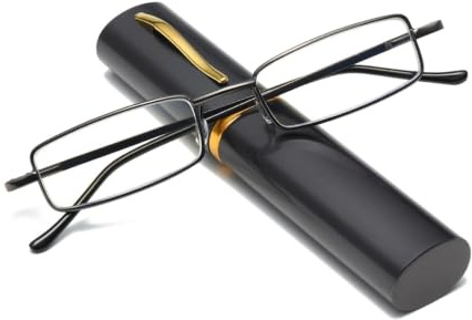 Hubeye Lunettes de lecture ultra fines en métal anti-bleu pour hommes et femmes avec étui à clip portable