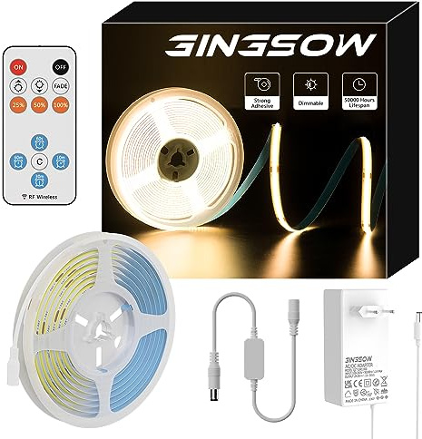 GINGSOW COB LED Streifen Warmweiss 3000K mit RF Fernbedienung und Netzteil,LED Band 5m Dimmbar 24V Flexibel LED Strip Lights set CRI90+ Hell Unterbauleuchte für Home DIY Dekoration,Timerfunktion