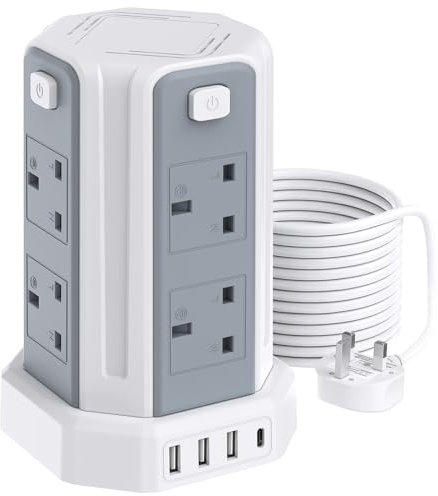 Tower Extension Lead 5M, (13A 3250W), 8 AC Outlets and 4 USB Ports Extension Tower, Surge Protection with 4 Independent Control Switch, Extension Cable for Office, Home, Kitchen