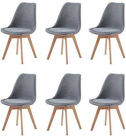 EGGREE 6er Set Esszimmerstühle Skandinavisch Design, Polsterstuhl aus Leinen Rückenlehne, Küchenstuhl Essstühle mit Massivholz Buche Bein SGS Geprüfter, Grau