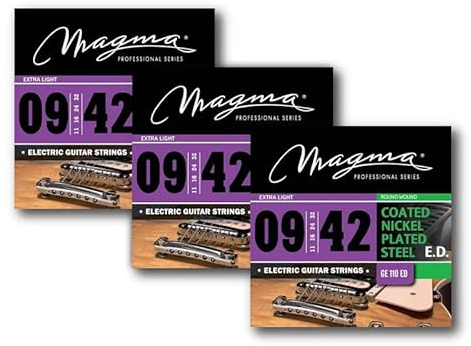 Magma - 3 Juegos de Cuerdas para Guitarra Eléctrica de Acero Niquelado – Tensión Extra Liviano (09, 11 16, 24, 32, 42) – Cuerdas Extra Light 3 Sets (GE110ED)