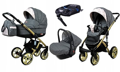 BabyLux® Kinderwagen Set 4 in 1 - Lumio - incl. Babywanne, Buggy Sportsitz, Auto-Babyschale, ISOFIX-Basisstation - Autositz - Kinderwagenset - Kombikinderwagen mit Wickeltasche usw.