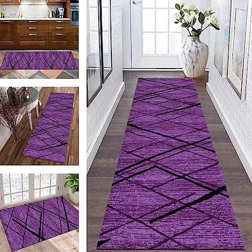 Küchenteppich Läufer Teppich Flur rutschfeste Teppichmatten Küchenläufer 50 x 200 cm Lila Schwarz Korridor Teppichläufer Waschbar Meterware Teppich Küchenmatten Wohnzimmer Schlafzimmer Esszi