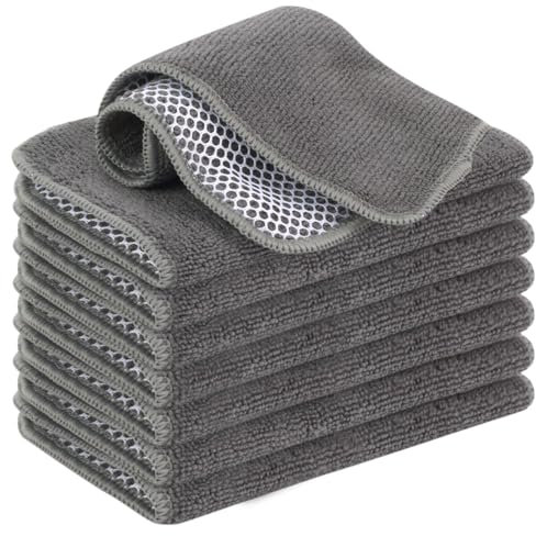 VIVOTE Microfibre Dishcloths, Washable Tea Towels with Poly Mesh Scouring Side, Kitchen Dough Cleaning Cloth, Mesh Cloth, Pack of 8, 20 cm x 20 cm (Grey)