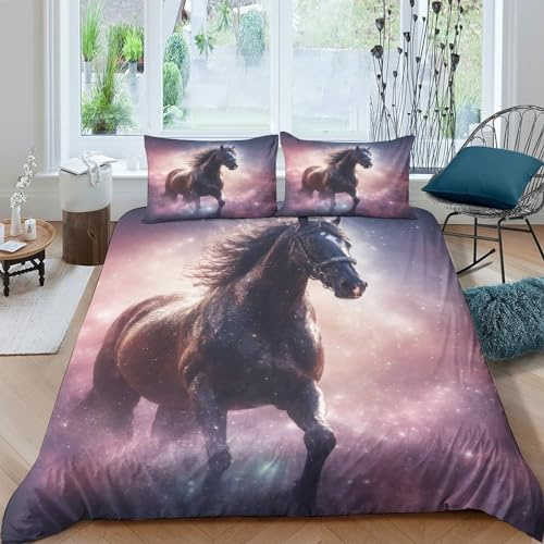 VesFy 3D Druck Kunst Pferd Bettdecke Decken Kinderbettwäsche Mikrofaser Sterne Bettbezug 3 Teilig Mit Kissenbezug Für Jugendliche Kinder Schlafzimmer Double（200x200cm）