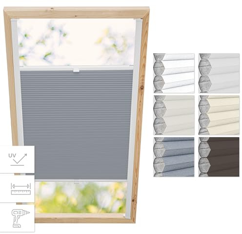Estika Wabenplissee mit Bohren für Velux-Fenster F06 – Stofffarbe Grau-Weiß, Profilfarbe Kiefer – Dachfensterplissee, Innenrollo, Dachfenster-Rollo