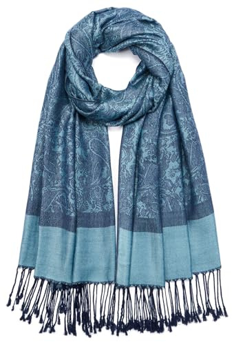 QIUTIMIY Paisley-Pashmina-Schal für Damen, wendbar, Vintage-Jacquard-Pashmina-Rave-Schal mit Fransen für Abendveranstaltungen, Hochzeiten（Flower3-Dunkelblau）
