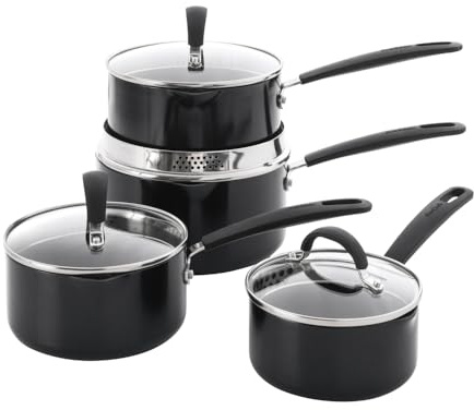 ProCook Gourmet Saucepan Set with Stay Cool Handles Ceramic Non Stick Coating Induction & Oven Safe Pans Cooking Pots - 4 Piece, 14/16/18/20 cm, /1.6/2.3/3.1 L