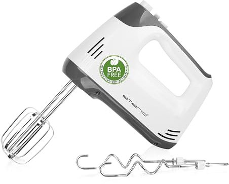 EMERIO HM-130365 - Frullatore elettrico a mano con 400 Watt, 5 velocità e pulsante turbo, frusta extra lunga + gancio per impastare in acciaio inox (lavabile in lavastoviglie), senza BPA