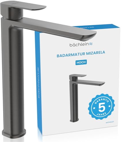Bächlein Badarmatur Mizarela hoch in klassischem Design, Einhebelmischer für Aufsatzwaschbecken mit langlebiger Keramikkartusche und Montage-Set, Bad Wasserhahn Anthrazit - flacher Auslauf