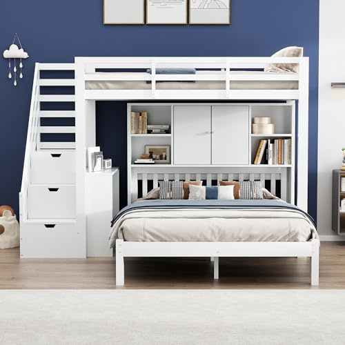 Sapgaks Etagenbett für Kinder mit mobilem Tisch, Aufbewahrungstreppe und Schließfächern, multifunktionales Kinderbett 90/140 x 200 cm, Hüttenbett für Kinder mit hohem Geländer und Lattenrost (A Weiß