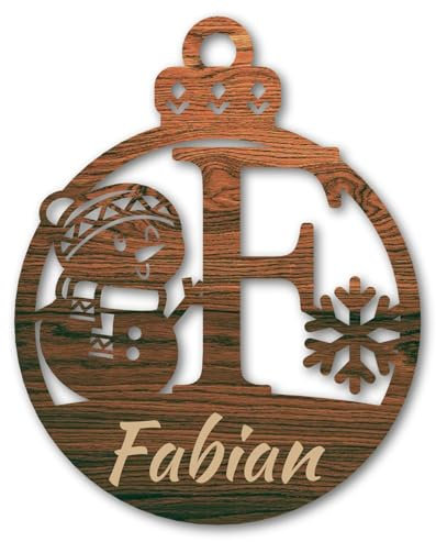 Urhome Weihnachtskugel personalisiert mit Wunschtext Gravur Buchstabe F mit Schneeman Motiv Dunkel Braun - Ornament Christbaumschmuck Weihnachtsdeko Weihnachtsbaum Anhänger aus 6,5mm Holz