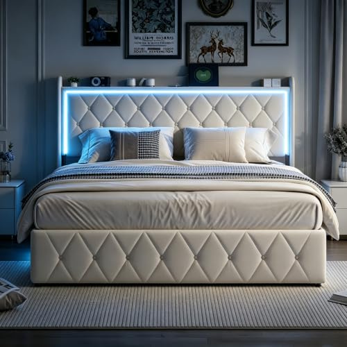 Weiches Kissenbett 140x200cm, Doppelbettrahmen mit LED-Beleuchtung und USB-Ladefunktion, Gepäckbett mit Stauraum 140x200cm, Bett mit LED, Samt, Keine Matratze, beige