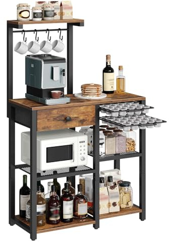 YATINEY Bar Caffè a 4 Ripiani in Stile Rustico, Scaffale da Cucina con Cassetto e Portacapsule, Struttura Industriale in Metallo e Legno Ingegnerizzato per Cucina Soggiorno Ufficio XKF60BRY1