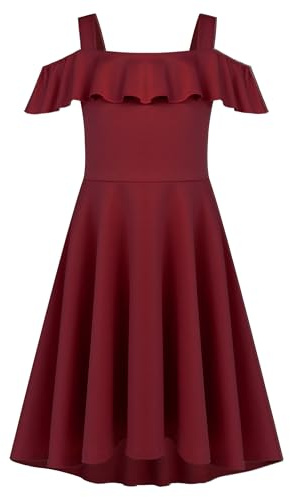 Arshiner Robe d'été pour Filles épaules Dénudées Manches à Volants Robe élégante à Bretelles Robe trapèze Robe Haute et Basse Robes Décontractées avec Poche 4-13 Ans