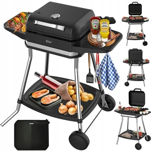 2-i-1 elektrisk grill stående grill bordsgrill elektrisk 3 050 watt – elektrisk grill för balkong, utomhus med stativ stora grillfack steglös temperaturregulator elektrisk BBQ grill